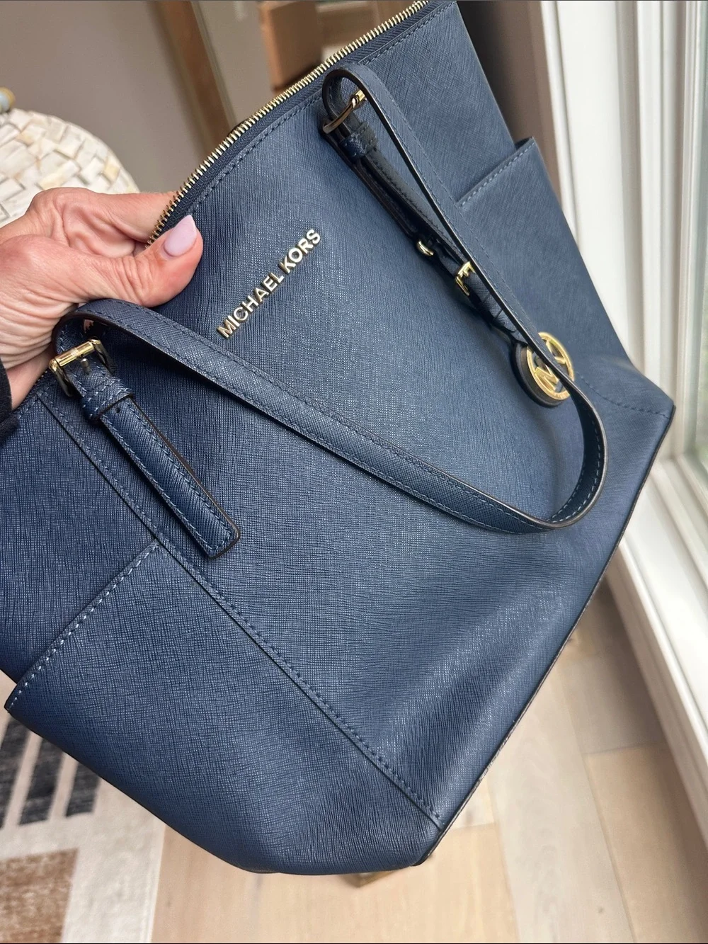 Michael Kors Navy Saffiano Tote with Gold Hardware